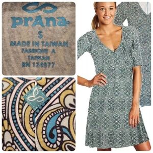 PrAna Sz S 'Nadia Veeda' Wrap Dress Athleisure Hidden Pocket Blue Green Boho ECU